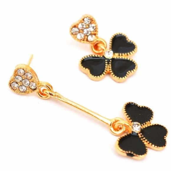 Gold-plated Crystal black mismatched clover Leaf earrings with silver post BOGO - Picture 4 of 14